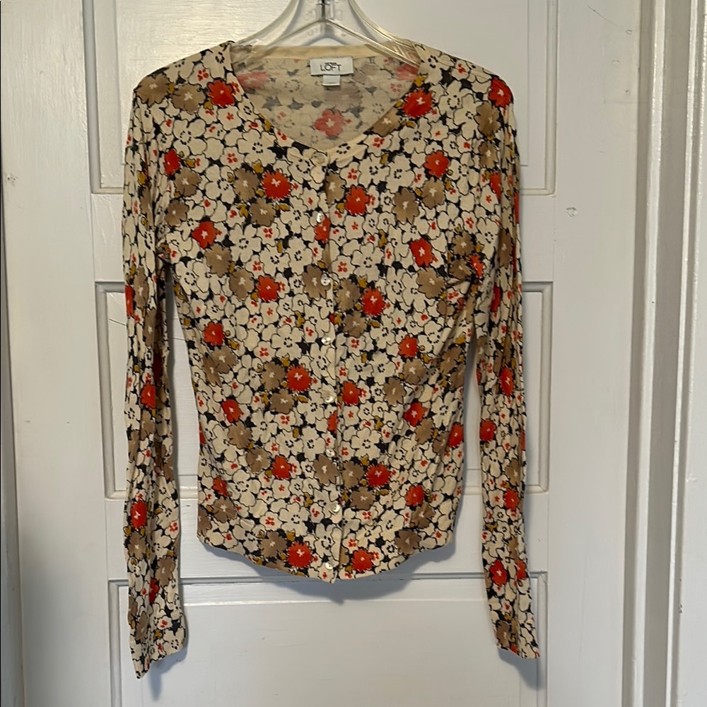 LOFT Women's Button Down Floral cardigan - orange, Cream, and Brown